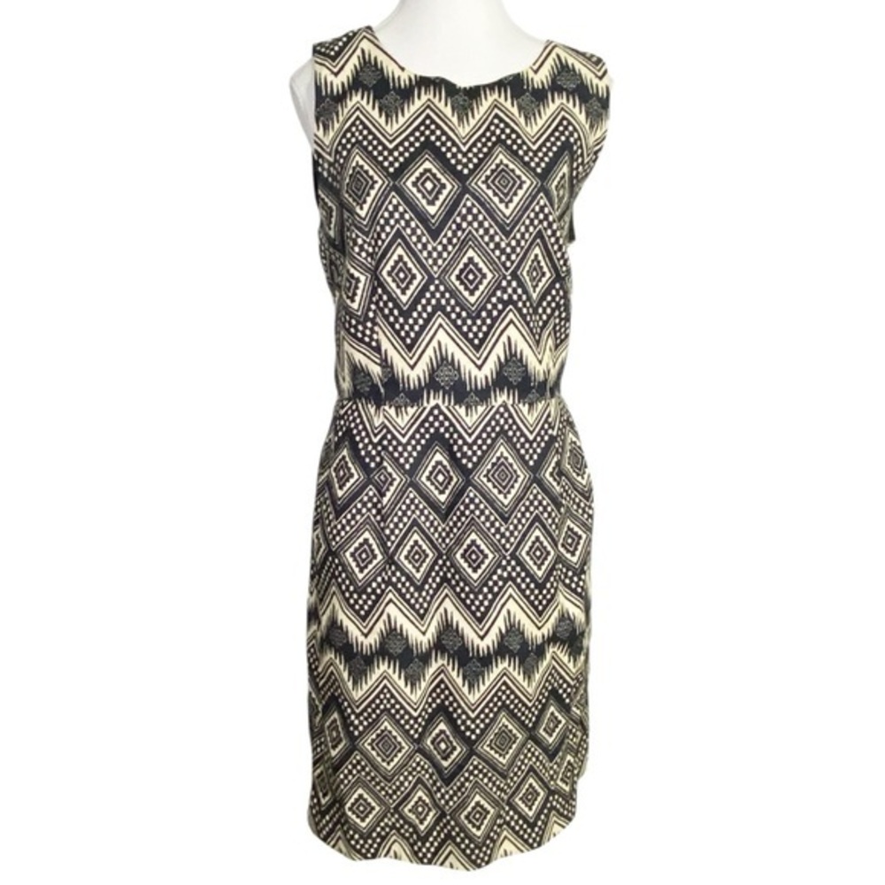 J. Crew Black and Cream Geometric Sleeveless Midi Dress